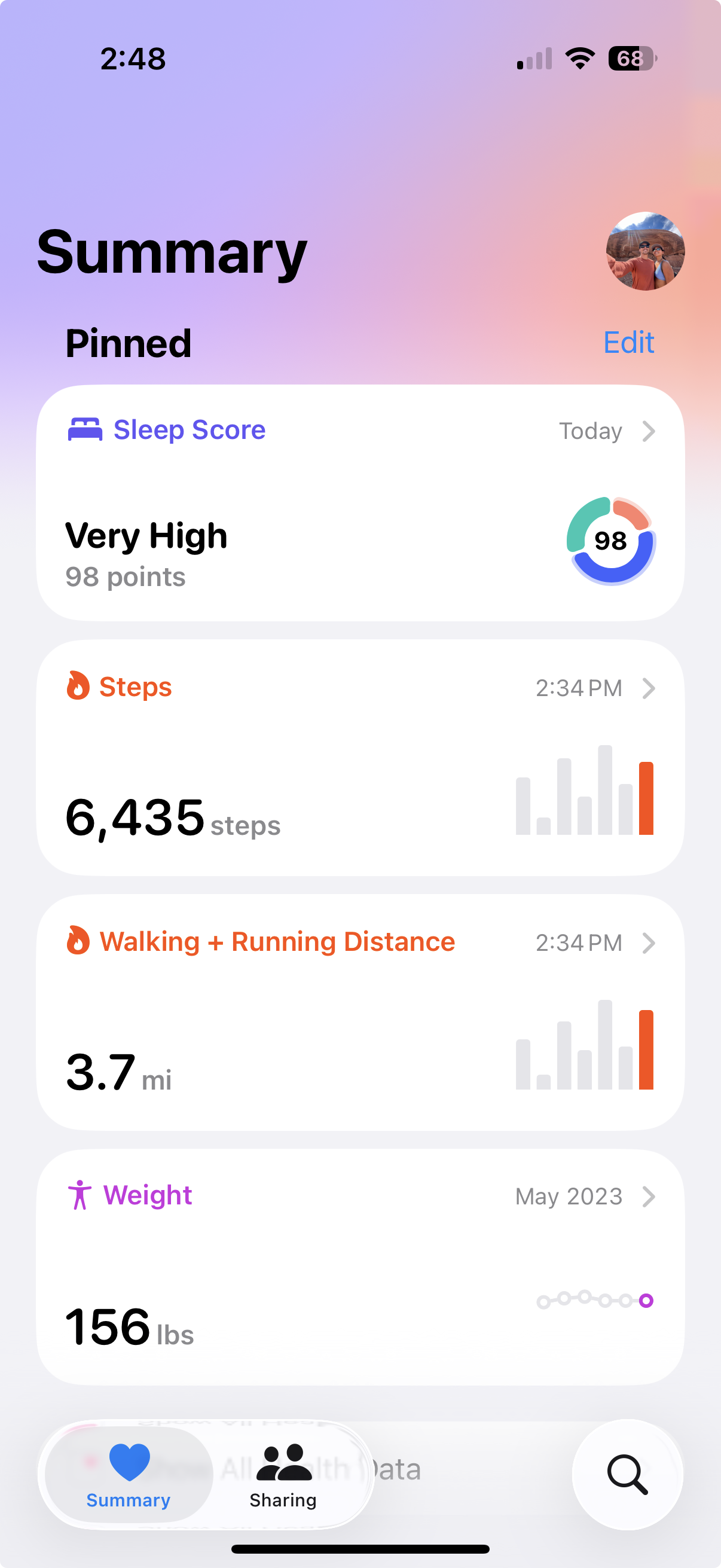Apple Health Summary showing sleep score, steps, walking distance, and weight
