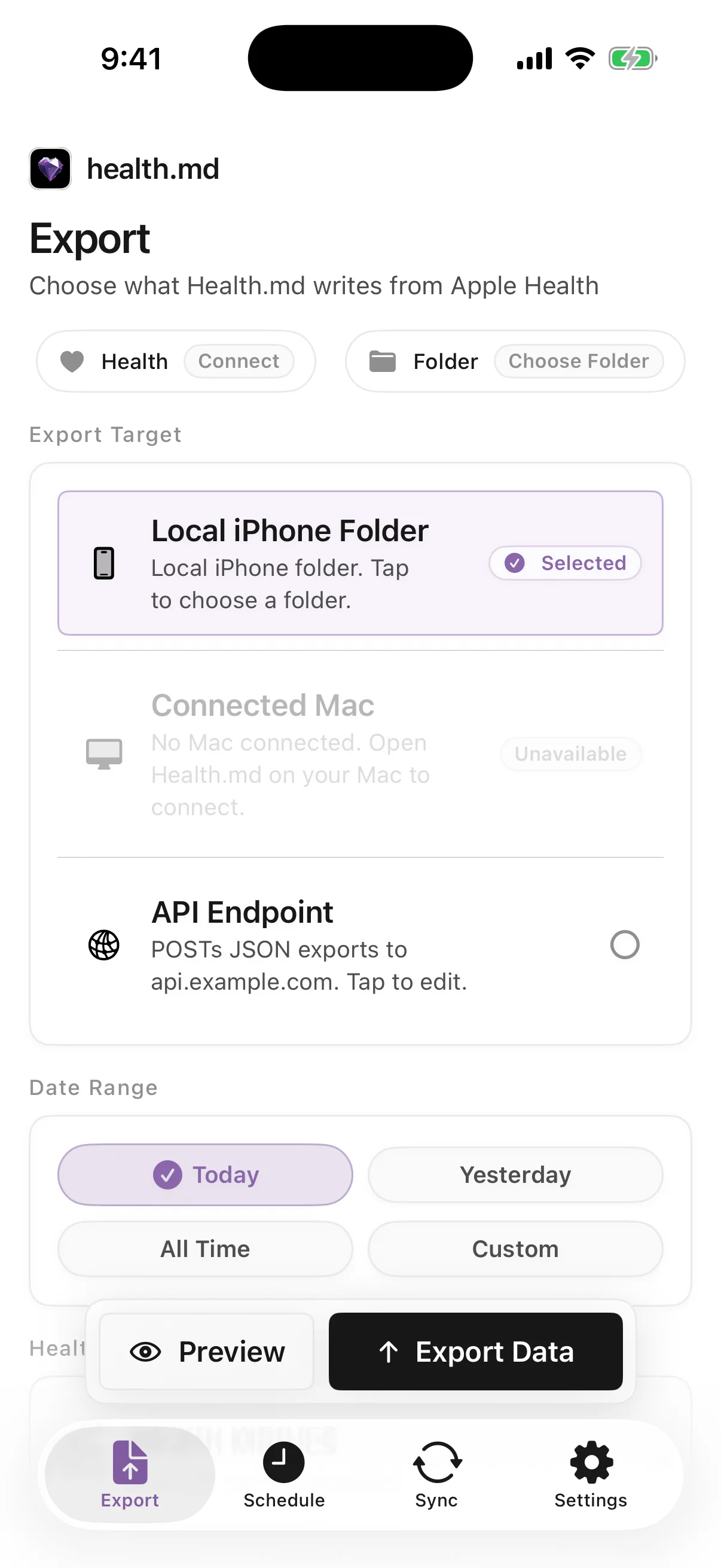 Health.md Export tab with Health disconnected, Choose Folder available, Local iPhone Folder selected, and date-range buttons.