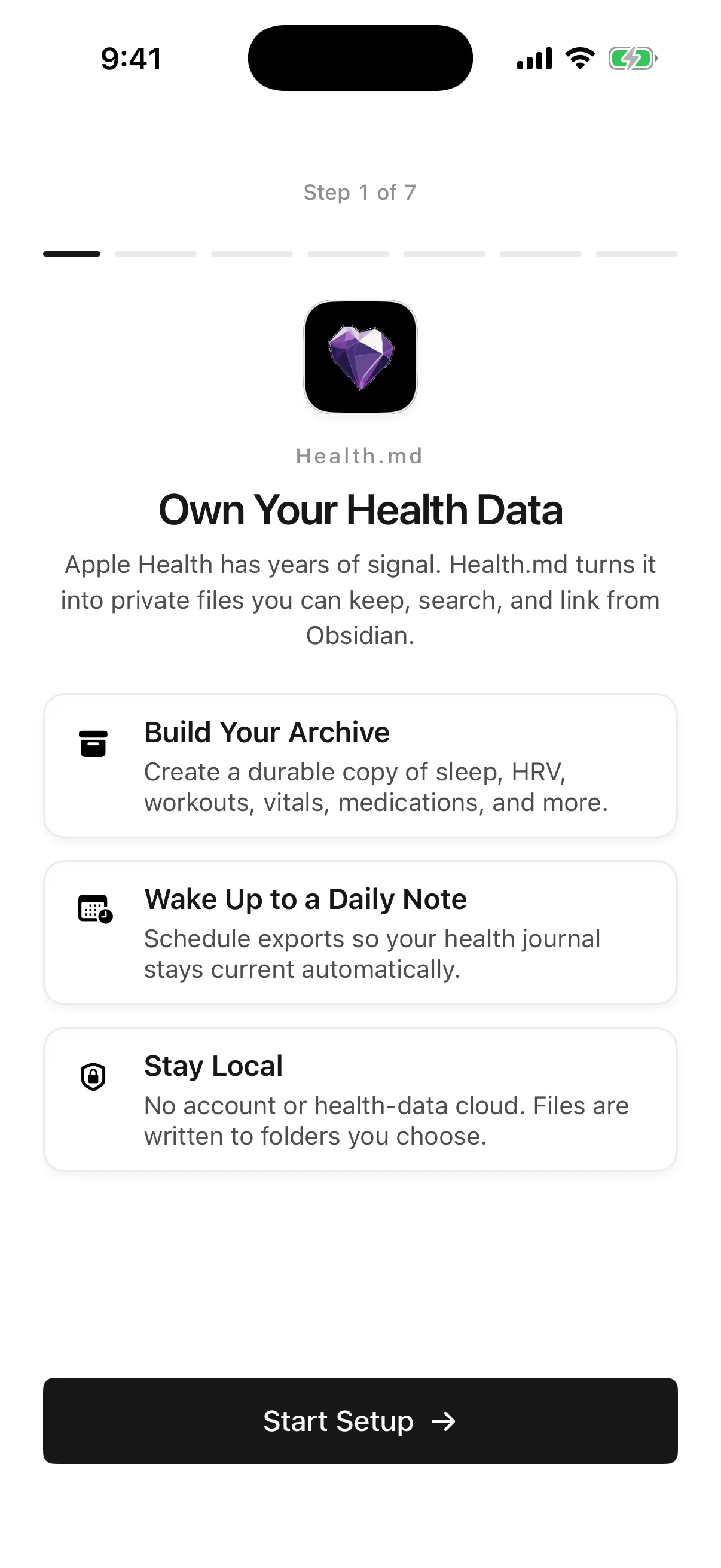 Health.md onboarding welcome screen at step 1 of 7 with the Start Setup button.